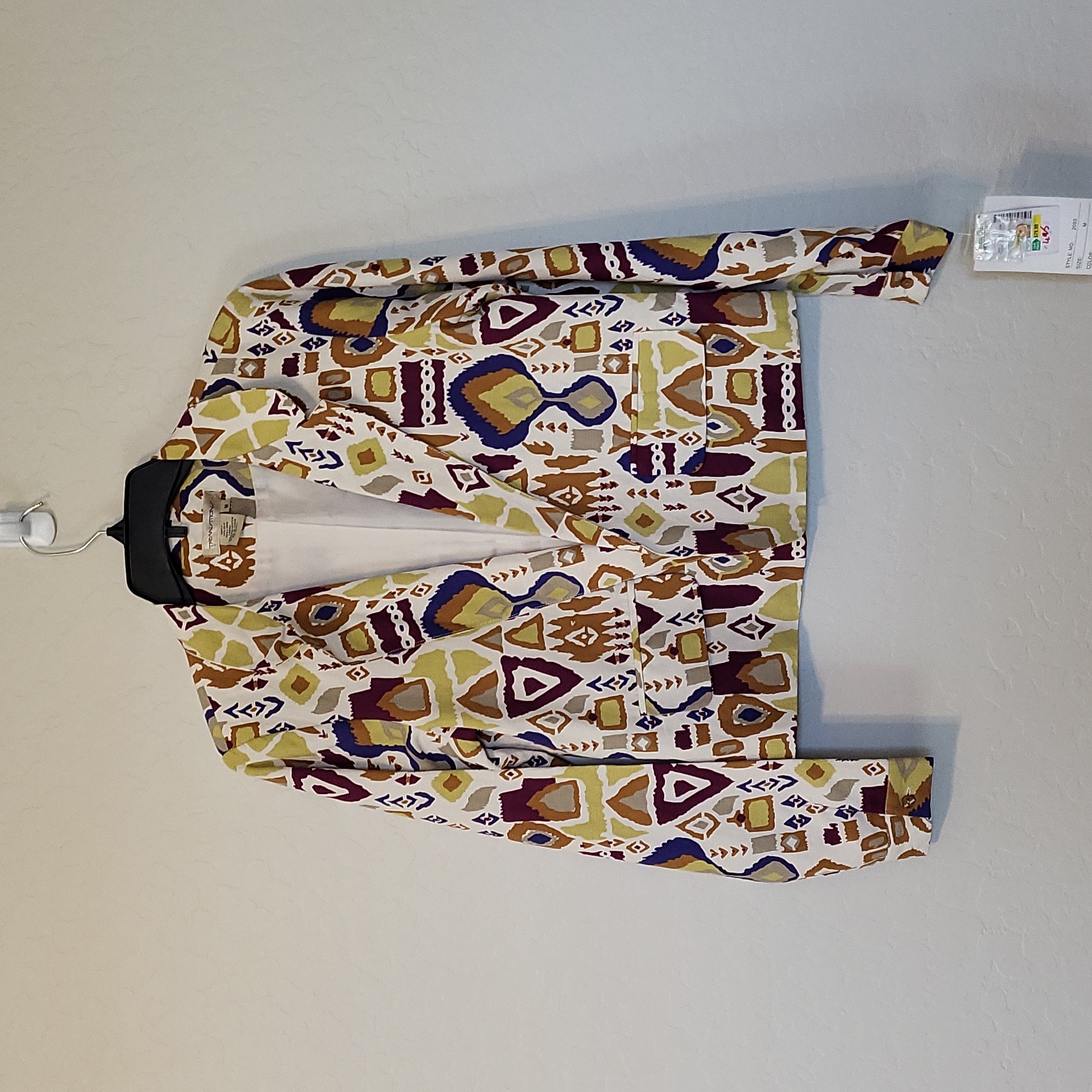 Transitions Silk Boho Print Women Open Front Blazer Cream Lime Green Medium